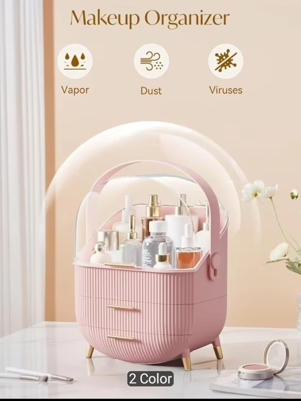 Pink Cosmetic Organizer Caddy with Clear Lid - Women Makeup/Bath And Body